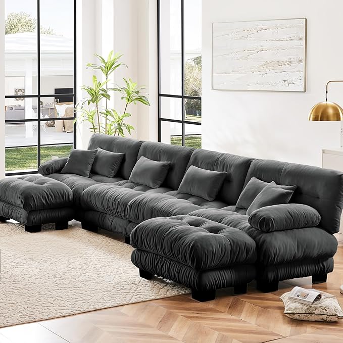 173.2" Oversized Couch, 4 Seater Modular Sectional Sofa, Grey Large U Shaped Sectional Fluffy Couch Set, Chenille Cloud Couch with Ottoman, Deep Seat Sofas for Living Room