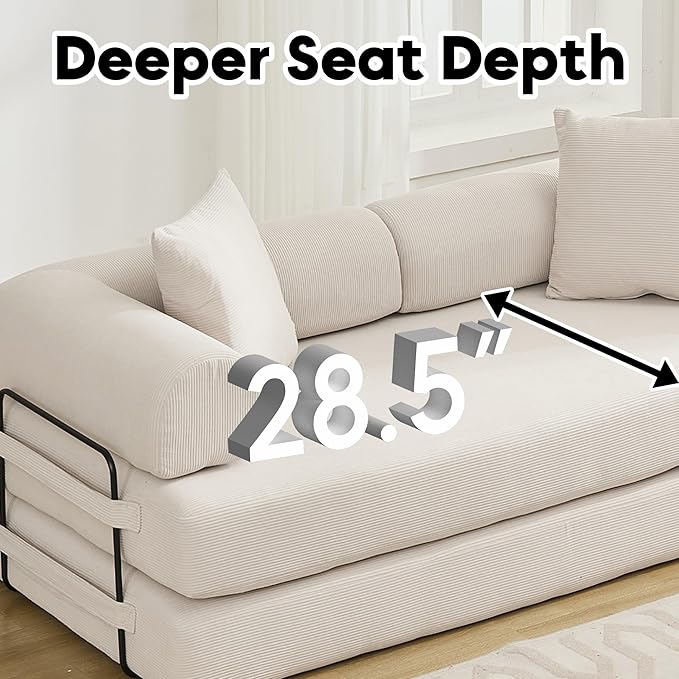 Convertible Sleeper Sofa Bed with Cylindrical Pillow, Corduroy Folding Mattress Couch with Fixed-Shape Frame, Floor Sofa Lounge Couch for Living Room Bedroom Lounge Studio, Beige