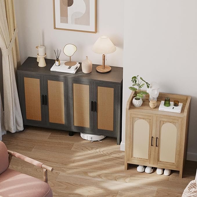 Mericonia Rattan Buffet Cabinet with Storage, Sideboard with Doors, TV Stand, Farmhouse Side Board Coffee Bar, Modern Wood Storage Cabinets for Livingroom, Kitchen and Dining Room (Black)