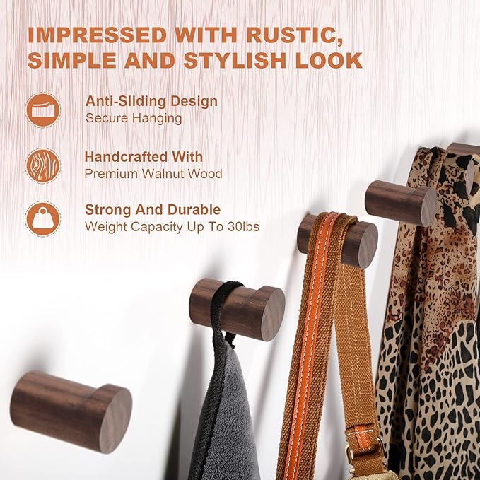 Wood Wall Hooks 6 Pack, Natural Wooden Coat Hooks Wall Mounted, Handmade Rustic Hat Hooks Heavy Duty Entryway Wall Hangers for Hanging Towels, Clothes, Bags (Black Walnut Wood)