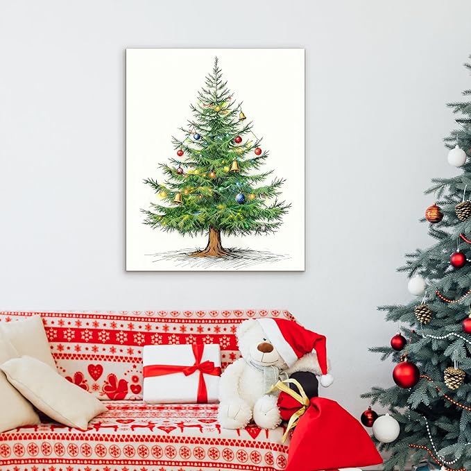 Framed Christmas Pictures Wall Decor,Vintage Pine Tree Prints,Winter Christmas Canvas Wall Art Decoration for Bedroom Bathroom Living Room Rustic Xmas Holiday Gifts (Christmas Tree 4, 16'' X 20'')