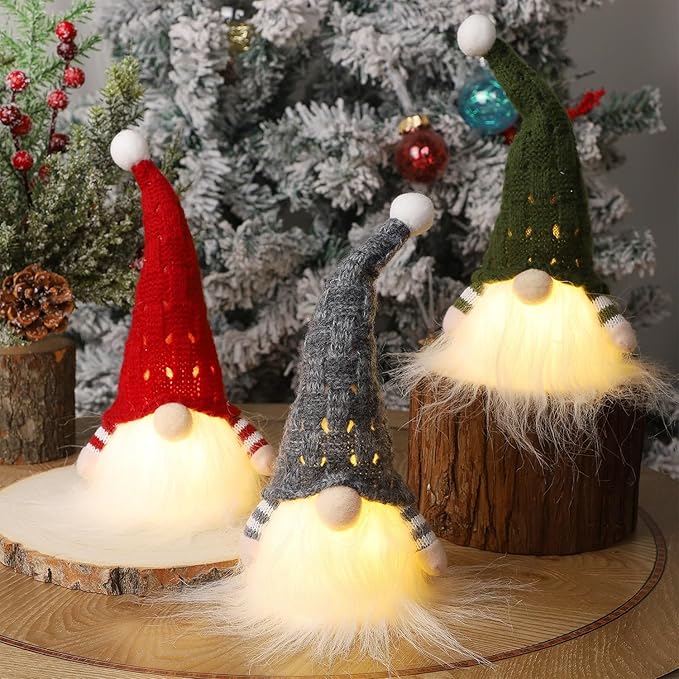 Juegoal Christmas Plush Gnomes, 9 Inch Lighted Handmade Mini gnome Scandinavian, Light Up Swedish Tomte Elf Holiday Present, Battery Operated Xmas Gifts Table Ornaments Dinner Party Supplies, Set of 3