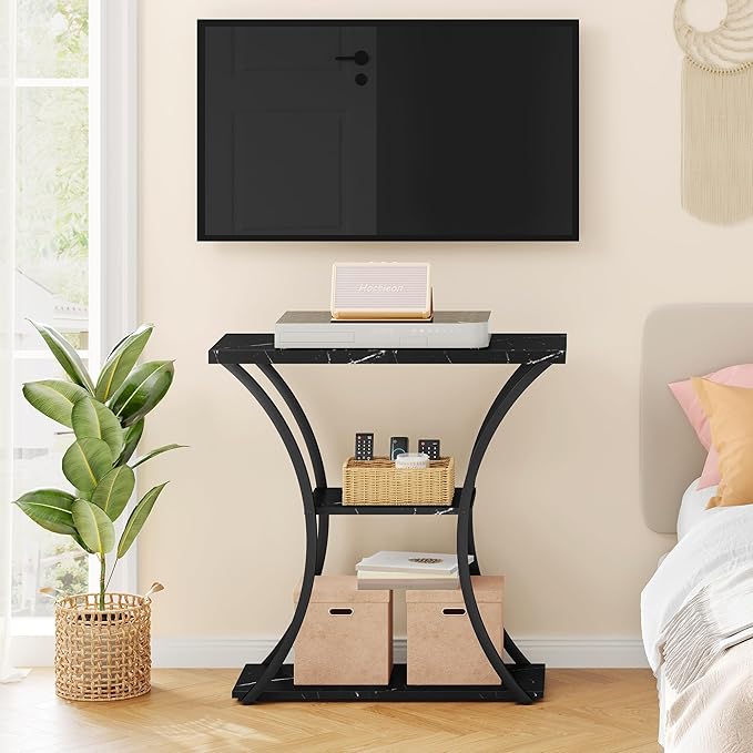 Hoctieon 3 Tier Console Table with Open Wood Shelves, Decorative Entryway Table with Curved Metal Frames, Narrow Sofa Table for Entrance, Living Room, Hallway, Black Marbled