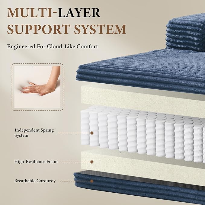 133" Couches for Living Room Deep-Seat Sectional Couch for Living Room Corduroy Boneless Couchs U-Shape Cloud Couch Flexible Modular Sectional Sofa with Chaise Lounge (Blue, with Cup Holder)