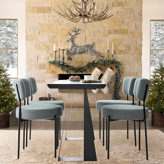 Grey Boucle Dining Chairs Set of 4, Upholstered Dinner Chair with Metal Frame, Dining Room Chairs with Padded Seat, Round Modern Seating for Living Room