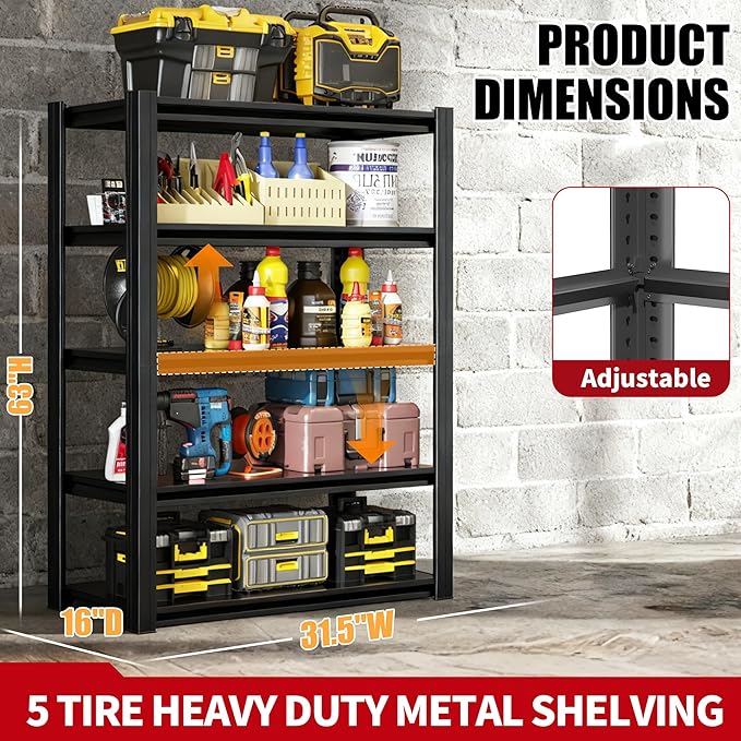 63" H Heavy Duty Garage Shelving, Metal Storage Shelves, Adjustable 5 Tier Metal Shelving Unit, Industrial Utility Rack for Garage, Warehouse, Workshop, 16" D×31.5" W×63" H, Black