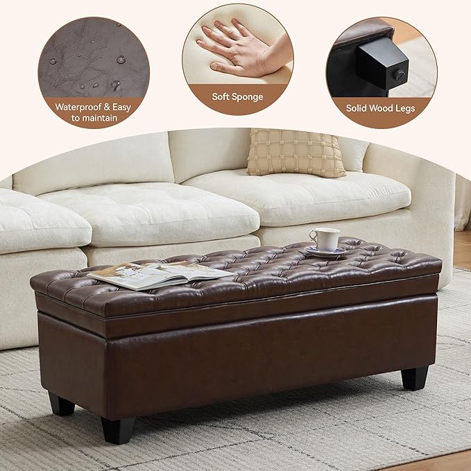 50" Faux Leather Storage Ottoman Bench, Upholstered Rectangle End of Bed Storage Ottoman Tufted Living Room Bedroom Bench with Safety Hinge, Solid Wood Legs, Loads 500 lb(Dark Rrown)