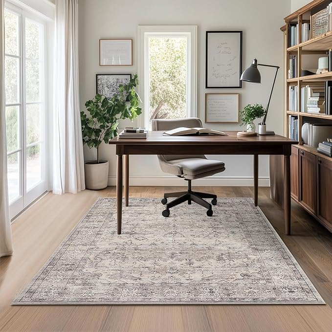 5x7 Area Rugs for Living Room Washable Soft Faux Fur Low Pile Vintage Floral Boho Modern Carpet Rug Non Slip Sound Absorbing Rugs for Bedroom Office Patio Dining Room Kids Room,Natural Grey