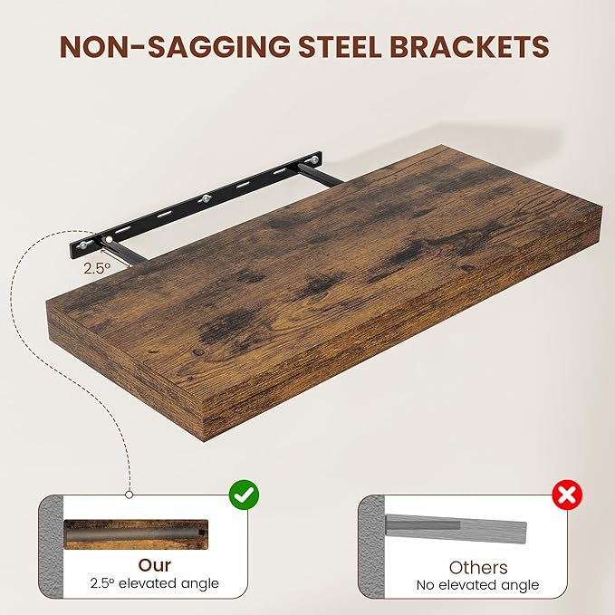 Vivelove 12" Deep Floating Shelves for Wall 36" Long, Wall Shelves for Bedroom Living Room Bathroom Kitchen Laundry Room, Farmhouse Rustic Shelves for Home Decor, 36" X 12" X 2" Set Of 2, Rustic Brown