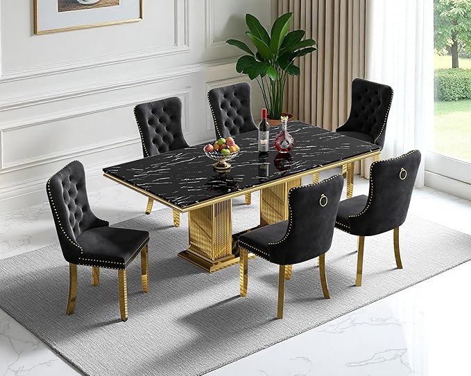 68" Faux Marble Dining Table Set for 6, 7-Piece Dining Set with Black Gold Kitchen Table and 6 Velvet Tufted Chairs, Modern Rectangular Dining Room Tables with Column-Shape Stainless Steel Base
