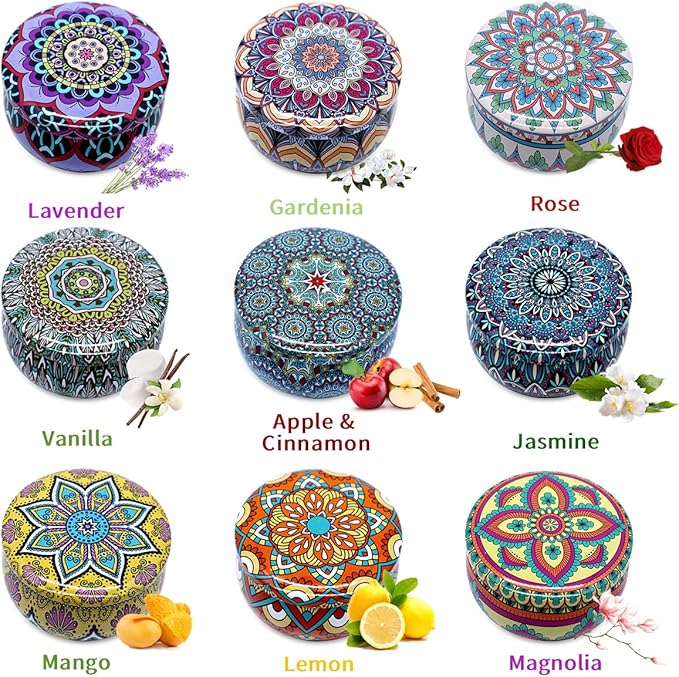 Bohemian Scented Candle for Christmas Thanksgiving Housewarming Gift, Set of 9 2.2oz Aromatherapy Candle for Stress Relief, Bohemian Tin Candle