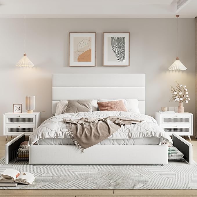 Allewie Modern Full Size Platform Bed Frame with 4 Storage Drawers and Velvet Upholstered Headboard, Wooden Slats Support, Upholstered Mattress Foundation/No Box Spring Needed/Easy Assembly, White