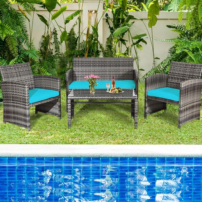 Tangkula 4 PCS Wicker Patio Conversation Set, Outdoor Rattan Sofas with Table Set, Patio Furniture Set with Soft Cushions & Tempered Glass Coffee Table for Poolside Balcony