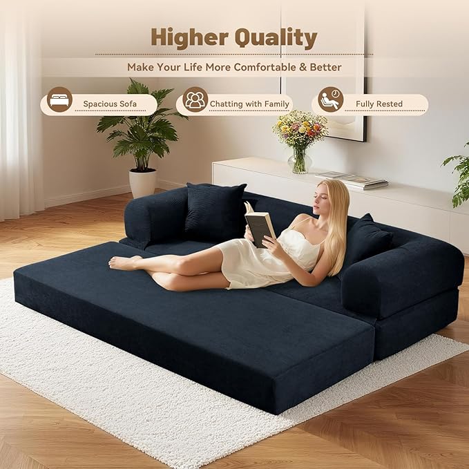 Convertible Futon Sofa Bed,80" Folding Pull Out Couch with Pillows & Storage Pocket, Oversized Queen Sleeper Sofa in a Box,Corduroy Boneless Couch for Living Room,Deep Blue