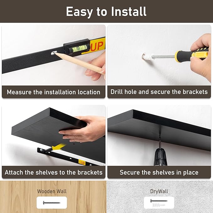 Fun Memories Floating Shelves - 2 Pack 30 Inch Long Rustic Wooden Wall Shelves - 8 Inch Deep Wall Mounted Storage Shelf with Invisible Heavy-Duty Brackets for Books, Bathroom, Kitchen - Black