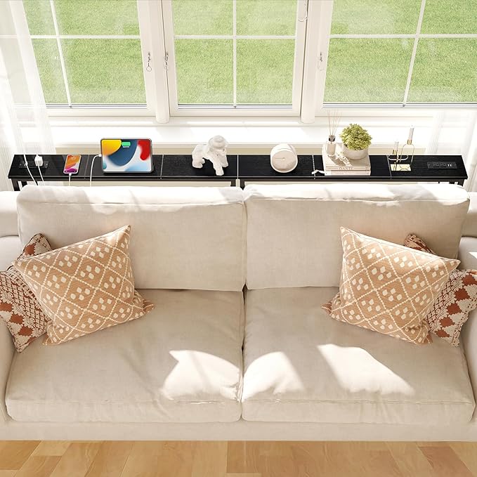 ELYKEN 2 Pack 5.9" Narrow Console Sofa Table with Power Outlets, Total 78.8” Long Behind Couch Table with Charge Station and 5.9’ Extension Cord for Living Room, 5.9" D x 78.8”W x 29.5”H, Black