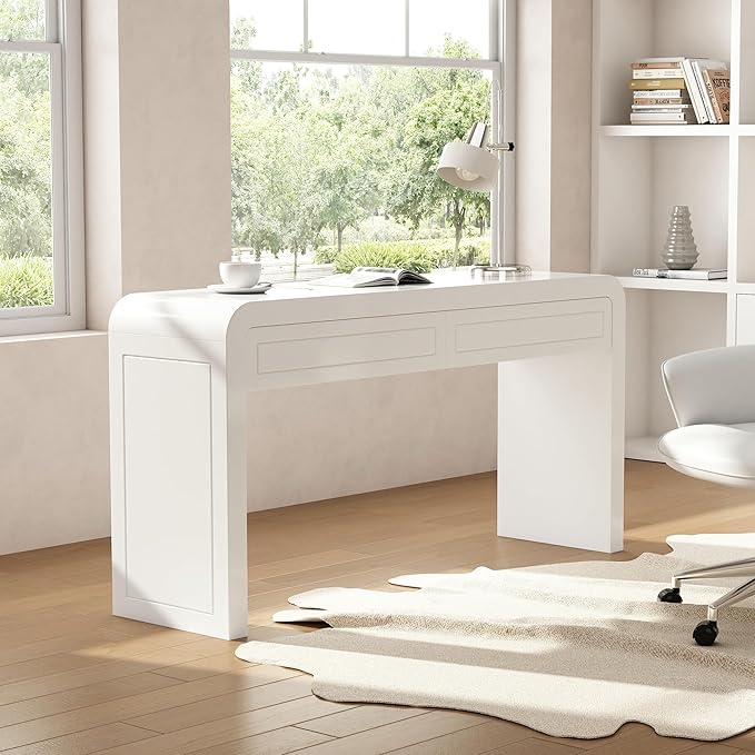 Merax 60" Entryway Console Table with Storage, 2 Drawers with Functional Divider/Retro Curved Design/Behind Couch & Sofa, White