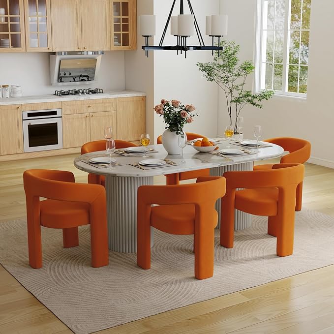 Set of 6 Modern Velvet Fabric Upholstered Dining Chairs with Open-Back, Cute Barrel Side Chairs Kitchen Armchair Accent Chairs for Dining Room Bedroom, Orange