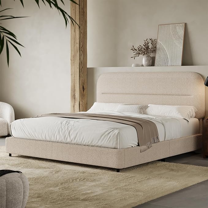 HOMBCK Full Size Boucle Bed Frame, Upholstered Cloud Bed with Headboard, Soft Bed Frames, Modern Style/Thickened Footboard/Rounded Corners Design/No Box Spring Required/Easy Assembly, Beige