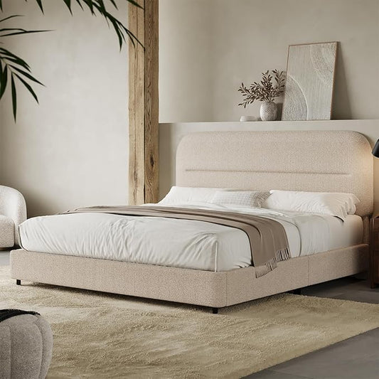 HOMBCK Full Size Boucle Bed Frame, Upholstered Cloud Bed with Headboard, Soft Bed Frames, Modern Style/Thickened Footboard/Rounded Corners Design/No Box Spring Required/Easy Assembly, Beige