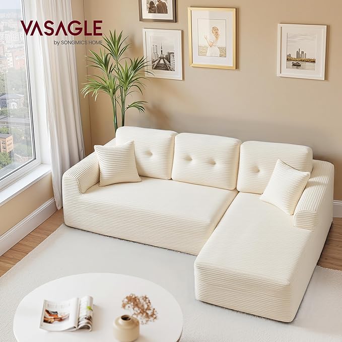 VASAGLE 108.3 Inches Boneless Couch with Chaise, Modular Sectional Sofa, Modern Cloud Couch with Deep Seat, L-Shape Corduroy Sofa for Living Room, Right-Facing Chaise, Bedroom, Cream White ULCS182WD01
