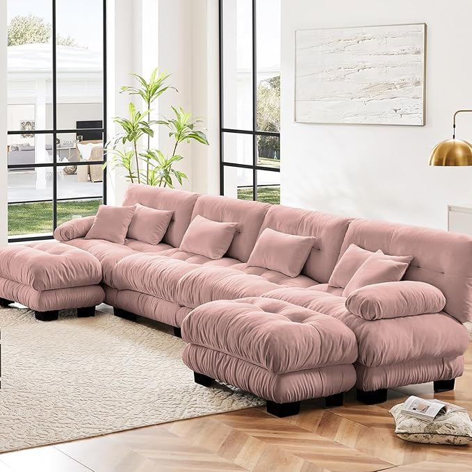 173.2" Oversized Couch, 4 Seater Modular Sectional Sofa, Pink Large U Shaped Fluffy Couch Set, Chenille Cloud Sofas with Ottoman for Living Room