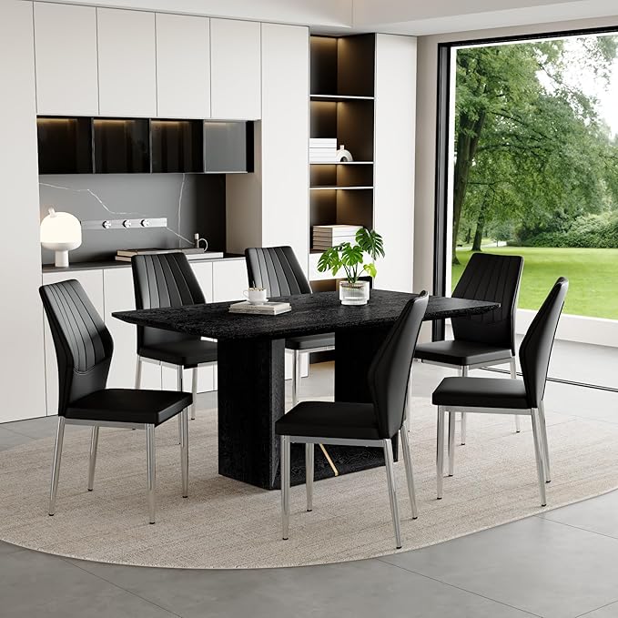 63" Modern Black Dining Table Set for 6 with Chairs, 7 Piece Rectangular Dining Room Table and 6 PU Leather Chairs, Kitchen Dining Set with Matte Wood Finish, Geometric Base, Easy Assembly