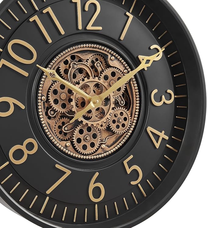 CLXEAST 21 Inch Moving Gear Wall Clock, Large Regular Arabic Numeral Wall Clocks for Living Room Decor,Modern Black& Gold Finish,House Warming Gifts New Home