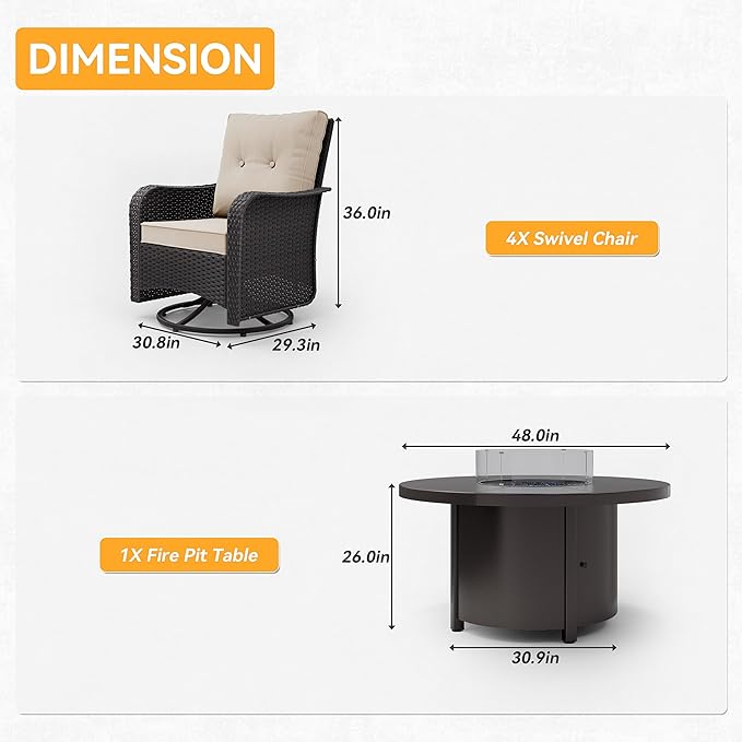 Kurapika 5 Pieces Patio Furniture Set, Rattan Wicker Outdoor Conversation Sets, 4 Woven Rattan Swivel Chairs w/48in Propane Fire Pit Table and Thickened Cushions, Sand