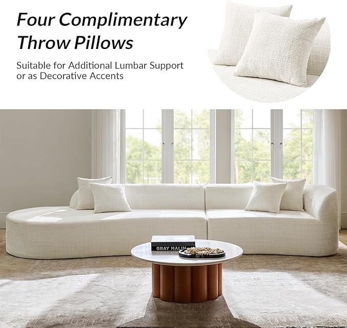 141.75" Oversized Boneless Sectional Sofa with 4 Pillows, Modern Curved Design All-Foam Cushion, No Assembly Required Large Floor Cloud Couch for Living Room, Ivory