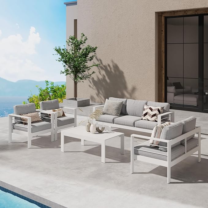 Wisteria Lane Aluminum Outdoor Patio Furniture Set, 7 Seats Modern Patio Conversation Sets, Outdoor Sectional Metal Sofa with 5 Inch Cushion and Coffee Table for Balcony, Garden, Light Grey