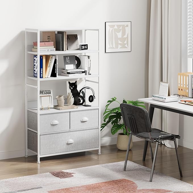 6 Tier Bookshelf, Bookcase with 3 Storage Drawers, Wood and Metal Book Shelf Storage Organizer, Industrial Display Standing Shelf Unit for Bedroom, Living Room, Rustic Brown, White