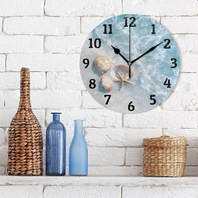 Wall Clock Blue Beach Shells Silent Non Ticking Wall Clock Decorative Battery Operated Wall Clocks for Home Kitchen Bedroom Living Room Office