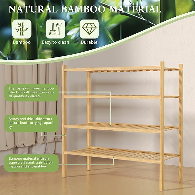 4 Tier Bamboo Shoe Rack for Closet Free Standing Wood Shoe Shelf for Entryway Small Space Stackable 27"x11"x26" (Natural)