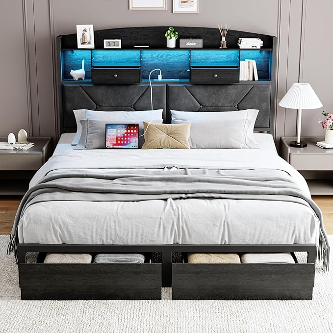 Queen Size Black Bed Frame with 4 Storage, Upholstered Velvet Platform Bed Frames with Button Tufted Headboard Led Lights, Wooden Slats Support, No Box Spring Needed, Black