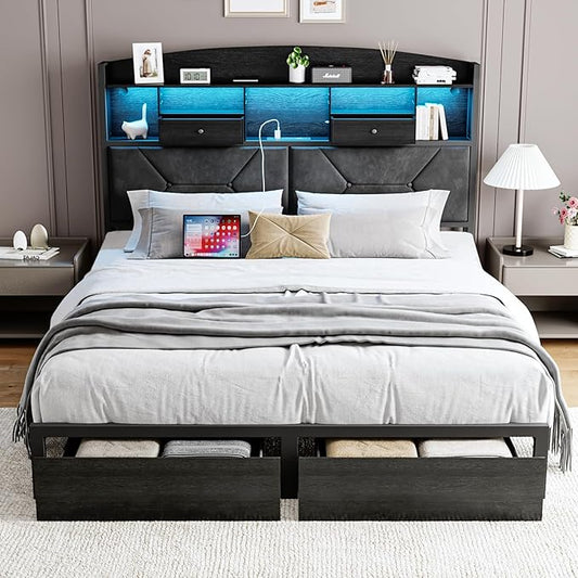 Queen Size Black Bed Frame with 4 Storage, Upholstered Velvet Platform Bed Frames with Button Tufted Headboard Led Lights, Wooden Slats Support, No Box Spring Needed, Black