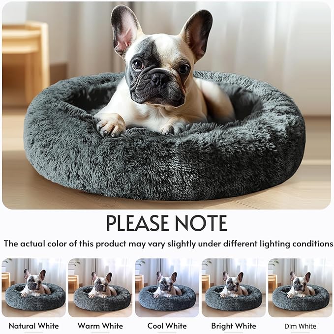 JOLLYVOGUE Calming Dog & Cat Bed for Small Dogs, Anti-Anxiety Donut Cuddler Cozy Soft Round Bed with Anti-Slip Bottom, Fluffy Faux Fur Plush Cushion Beds for Small Medium Dogs (23")