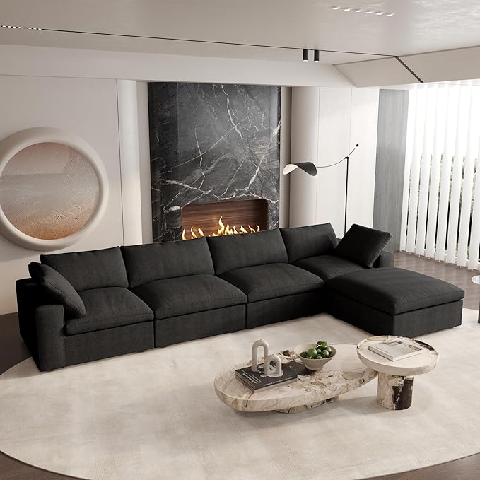 Cloud Couch Modular Sectional Sofa,160.6" L Shaped Convertible Sectional Sofas with Storage Ottoman for Living Room,Minimalist Deep 5 Seater, Covers Washable&Replaceable(Black)