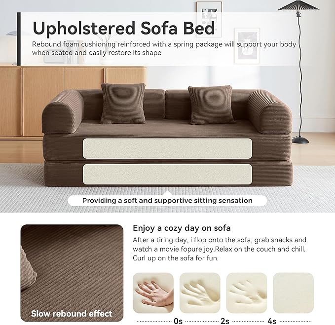 Convertible Modular Sleeper Sofa Bed, Mid Century Modern Decor Love Seat Memory Foam Couches, Sleeper Sofa Bed for Living Room, Solid & Easy to Install Cloud Couch (Brown)