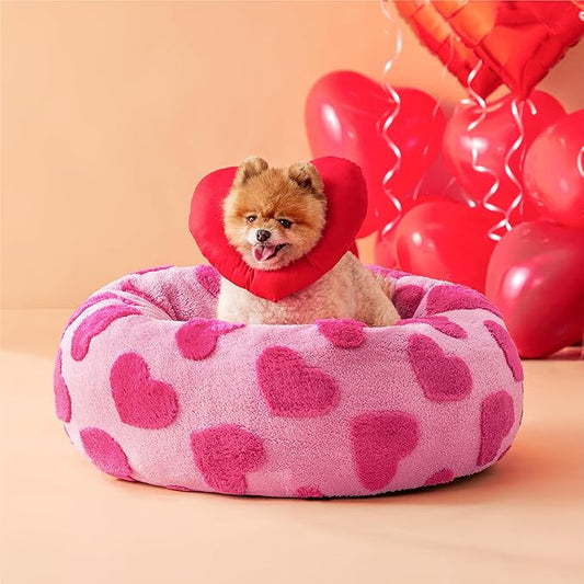 Lesure Donut Small Dog Bed - Round Cat Beds for Indoor Cats Anti-Anxiety Calming Pet Beds, Washable Cute Modern Beds with Teddy Sherpa Plush & Anti Slip Bottom, 23 Inch, Heart Pink