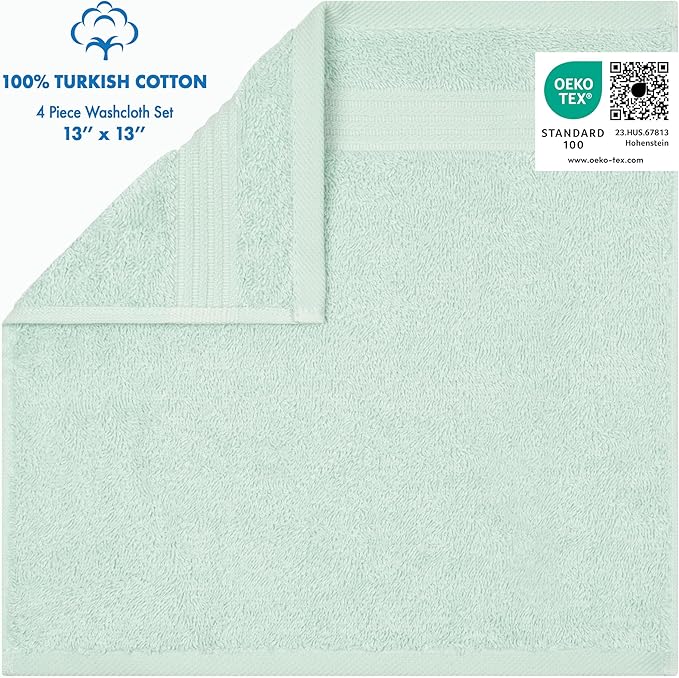 Cotton Paradise 100% Cotton Turkish Washcloth Set for Bathroom, 4 Piece Soft Absorbent Small Hand Face Towels Wash Rags, Mint