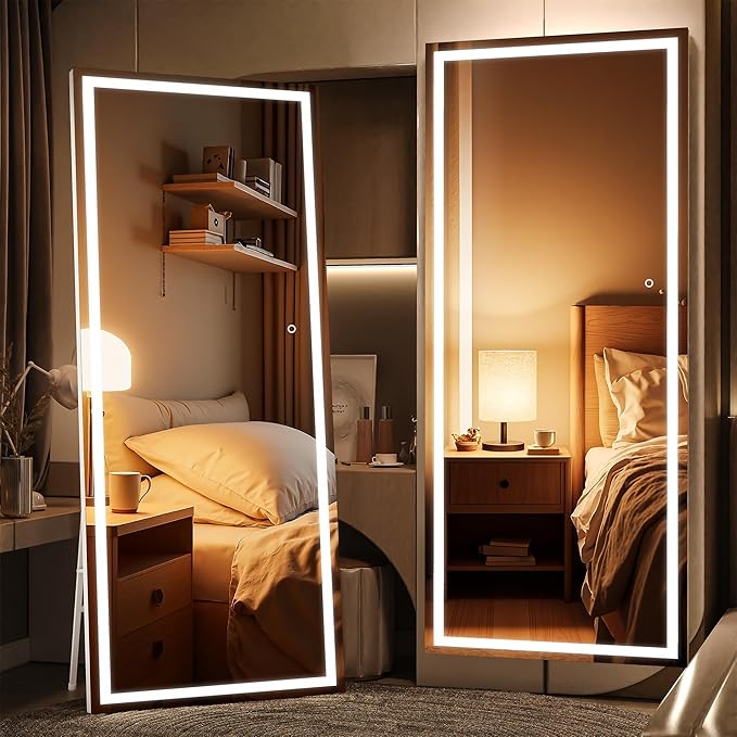 Full Length Mirror with Lights, 79" x 32" Large LED Lighted Floor Standing Body Mirror, Dimmable & 3 Color Lighting for Bedroom, Cloakroom, Dressing Room, Leaning & Hanging, Square Black
