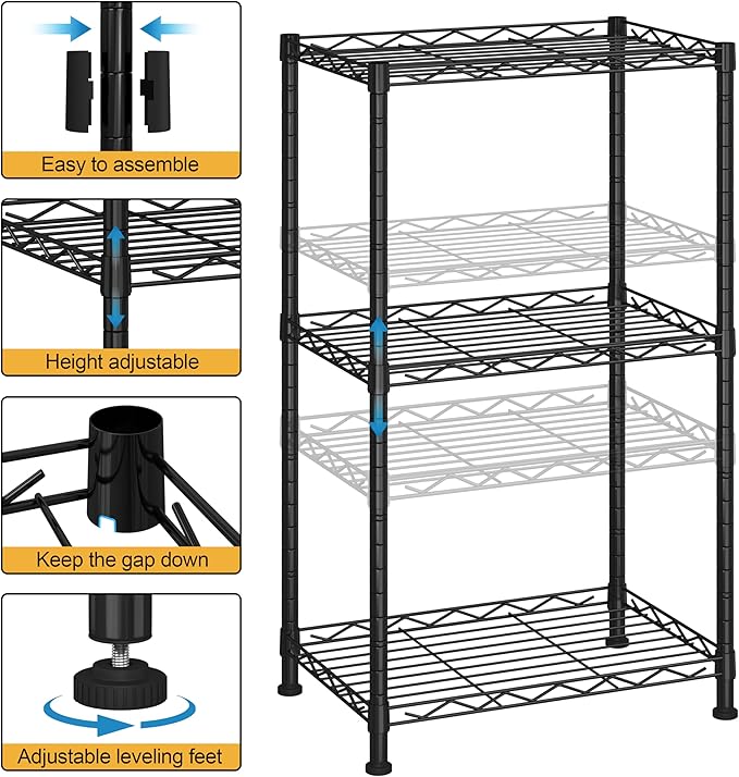 HOMEFORT Storage Shelves, 3-Wire Shelving, Metal Shelving Unit Adjustable Storage Shelves Rack for Kitchen, Pantry, Bathroom, Black, 15.7" W x 11.6" D x 30" H
