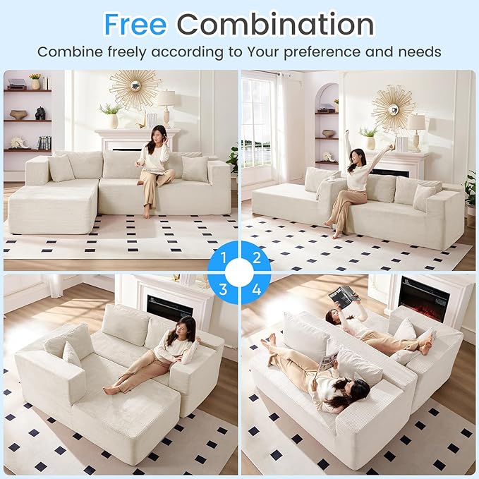 PUREMIND 106" White Cloud Sectional Couch Sectional Couches for Living Room, Corduroy L Shape Sofa with Deep Seat, Modular Boneless Foam Couch Corner Couches No Assembly Required