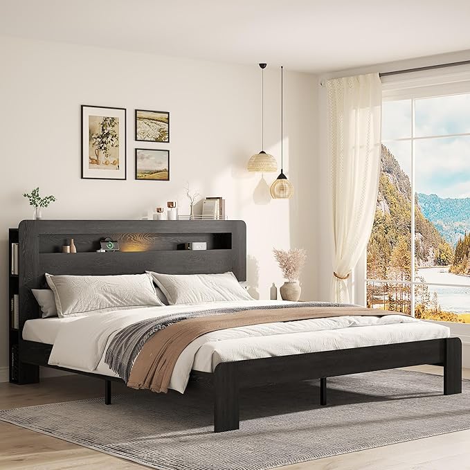 Wooden Bed Frame King Size with Storage Headboard - Farmhouse Platform Bed Frame with Bookcase Shelf & Led Lights, Sturdy Wood Slat Framework Bed Frame (Black LED)