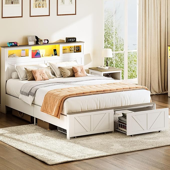 Yoobure Farmhouse Queen Bed Frame with Headboard - Bed Frame Queen Size with Charging Station & LED Lights, Wood Bedframe Queen-Size with 2 Storage Drawer, Platform Beds, No Box Spring Needed, White