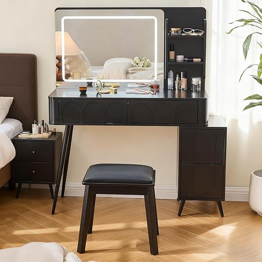 Merax Makeup Vanity Desk with Mirror and Lights, Vanity Table and Stool Set with Drawer & Movable Side Cabinet, Black Dressing Table for Bedroom with Mirror and 3 Color Modes