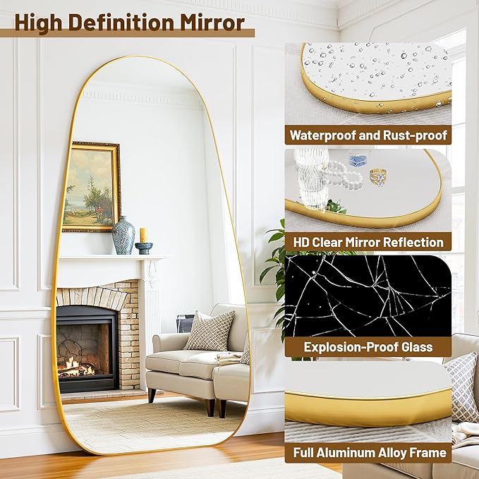 Antok Full Length Mirror, 81"x41" Floor Mirror with Stand,Standing Hanging Leaning Irregular Mirrors for Bedroom Living Room Entryway,Tear Drop Style,Golden