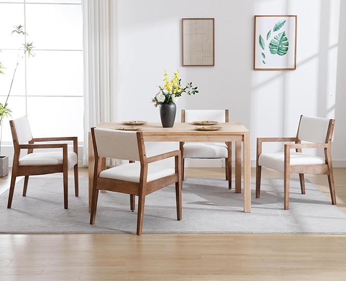 EALSON Upholstered Dining Chairs Set of 6 Mid Century Dining Room Arm Chairs with Hardwood Frame Modern Farmhouse Kitchen Side Chairs for Living Room, Beige Linen