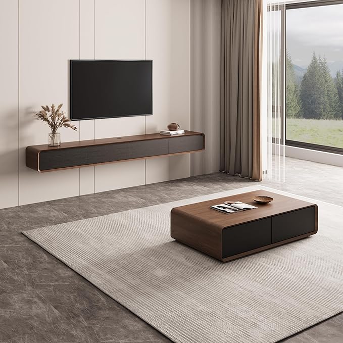 POVISON Modern Coffee Table for Living Room, 51 inch Square Coffee Table with Storage, 4-Drawers Wood Table, Full-Assembled, Walnut and Black